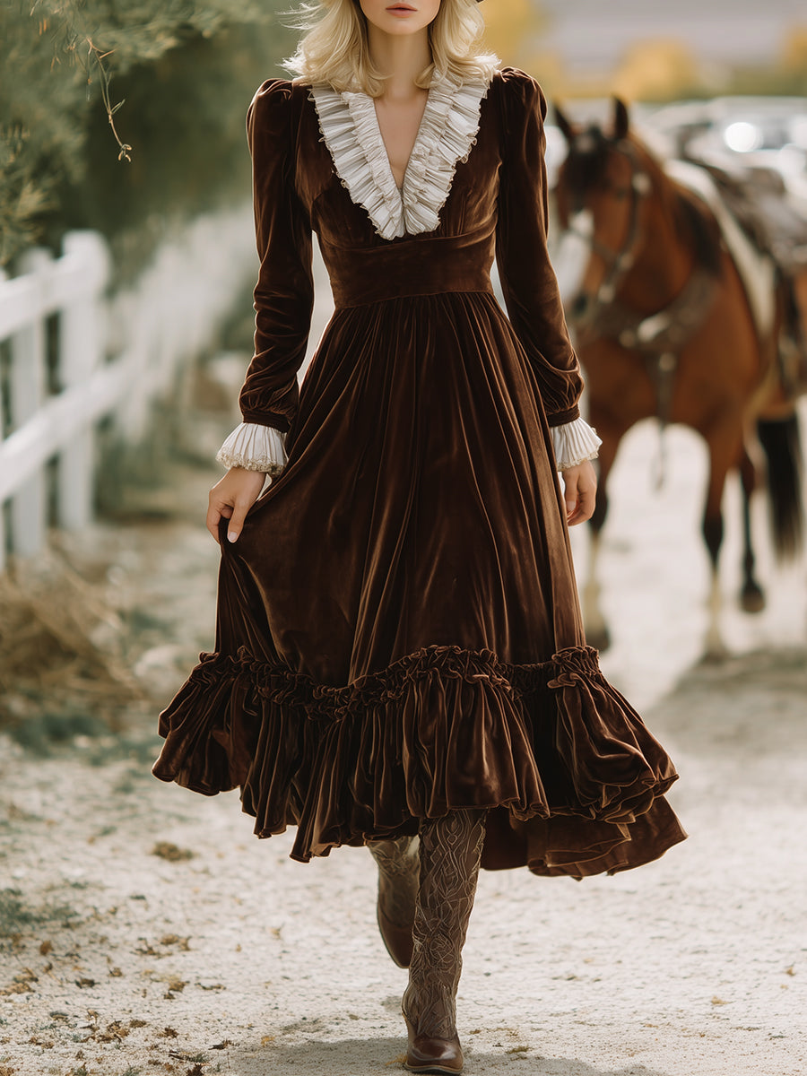 Elegant And Fashionable Ruffled V-neck Brown Velvet Midi Dress