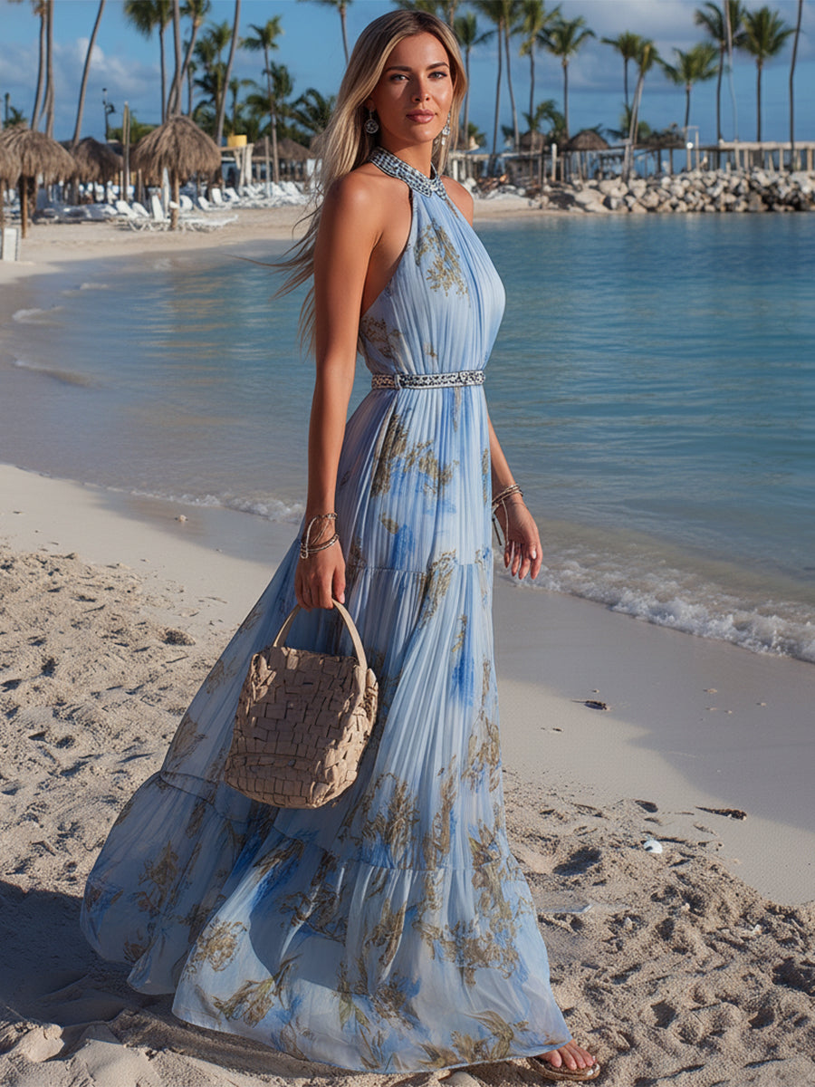 Bohemian Resort Chiffon Print Halter Neck Pleated Maxi Dress