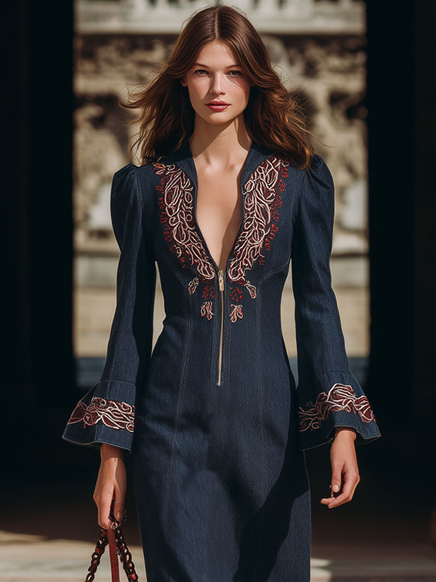 Vintage Embroidered V-Neck Zipper Navy Denim Flared Long Sleeve Midi Dress