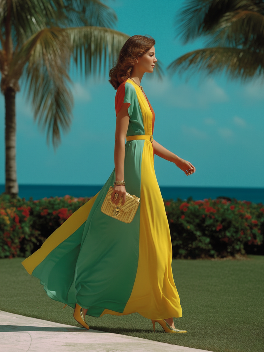 Vacation-style Color-blocked Patchwork Maxi Dress