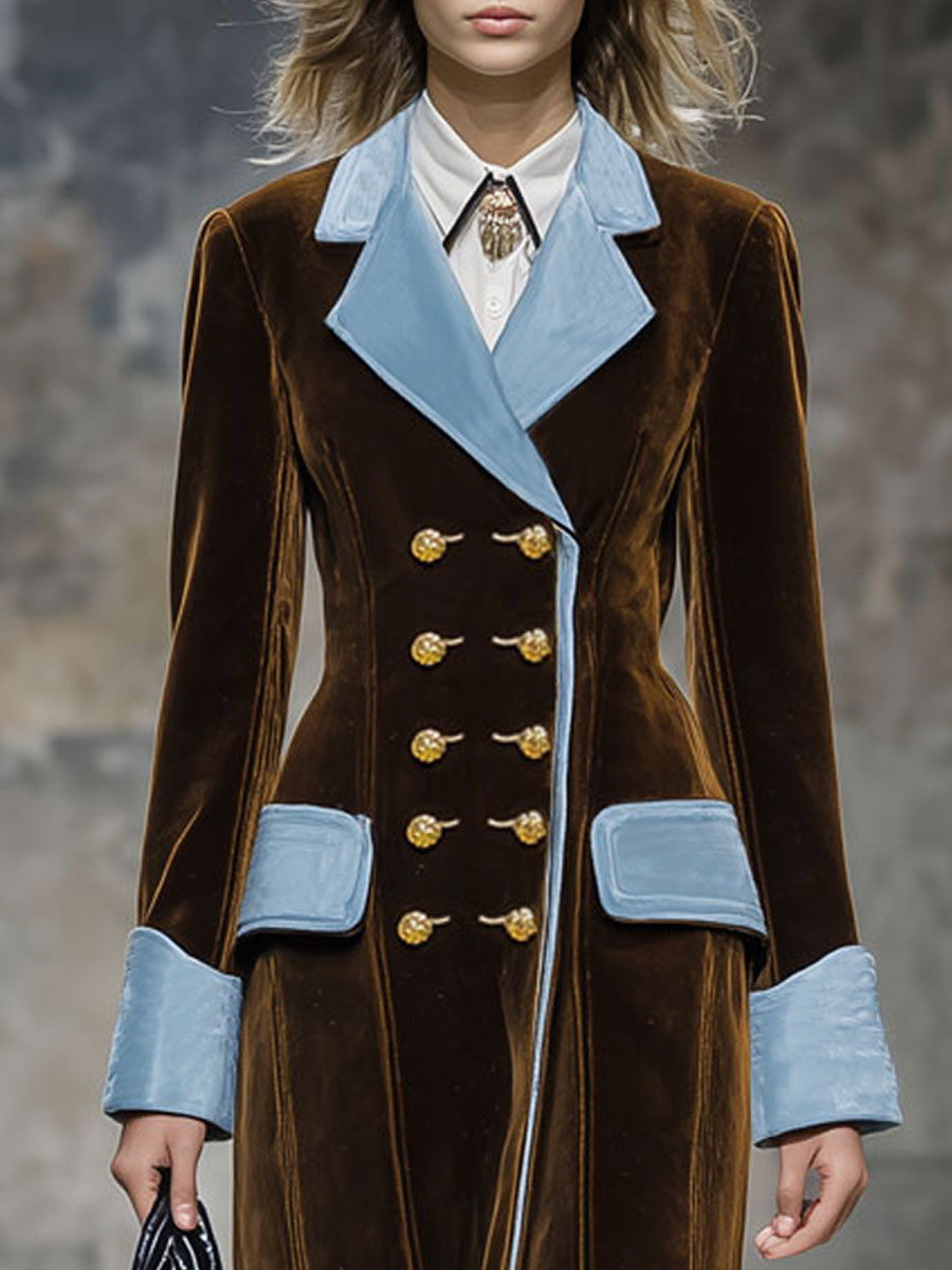 Casual Fashion Retro Blue Trim Cocoa Brown Velvet Coat