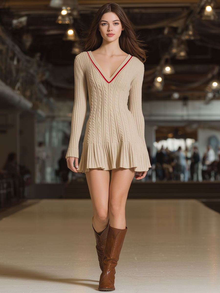 Vintage V-Neck Trim Camel Knitted Cable Long Sleeve Mini Dress