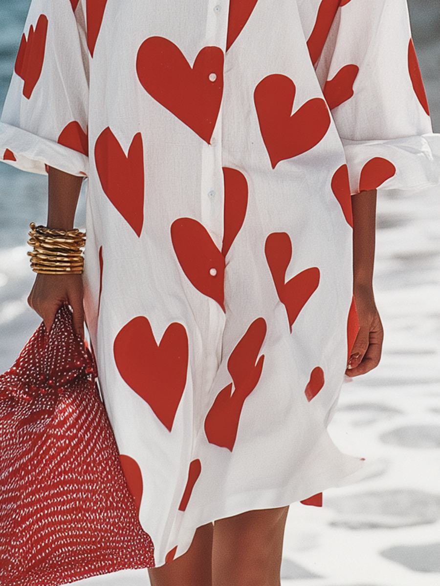 Casual Vacation Style Heart Print Long-sleeved Shirt Midi Dress