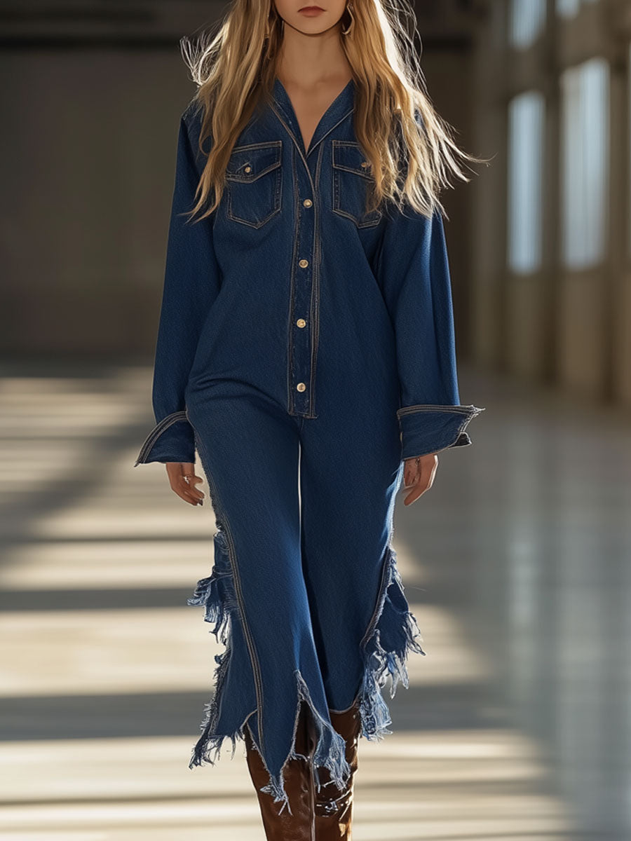 Retro Casual Loose Dark Blue Denim Long-Sleeved Raw Edge Cropped Jumpsuit
