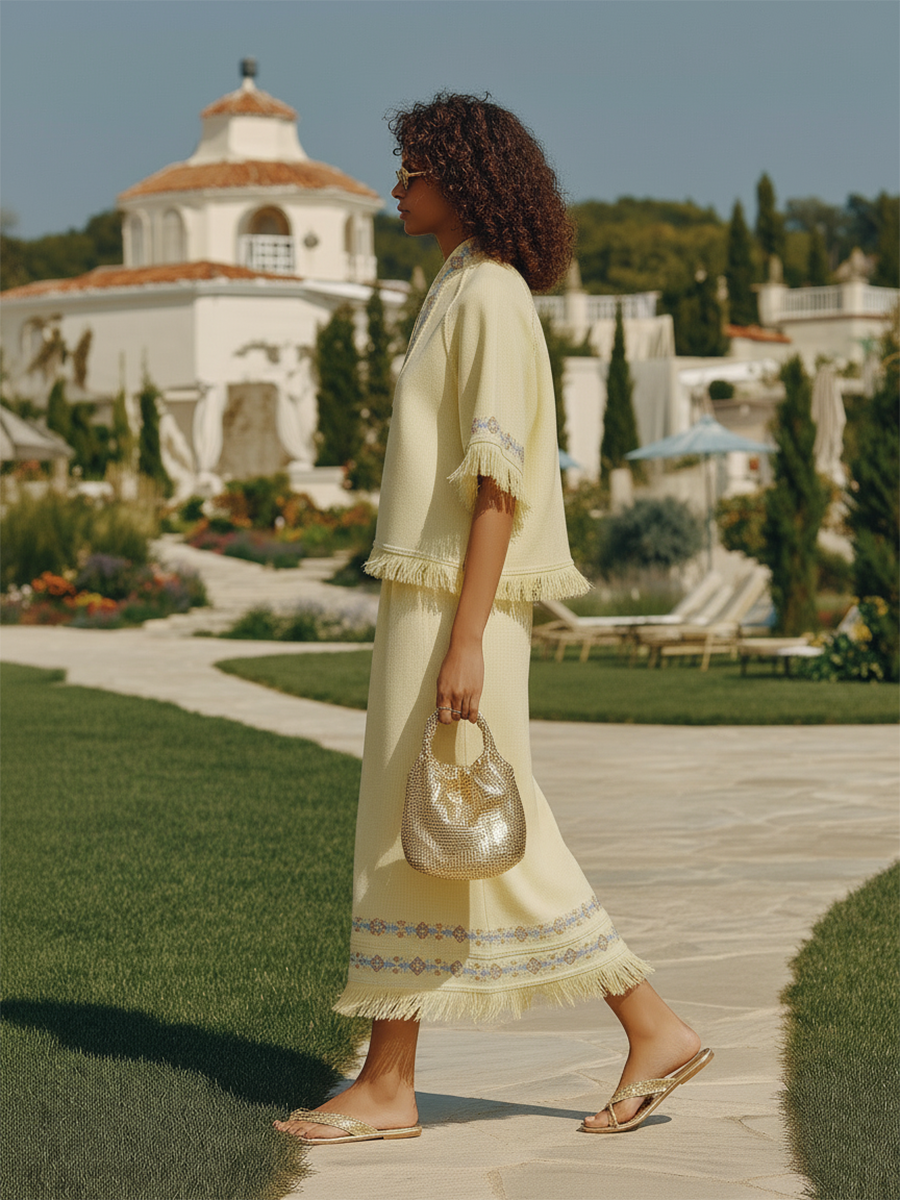 Bohemian Style High-neck Embroidered Short-sleeved Top And Skirt Set