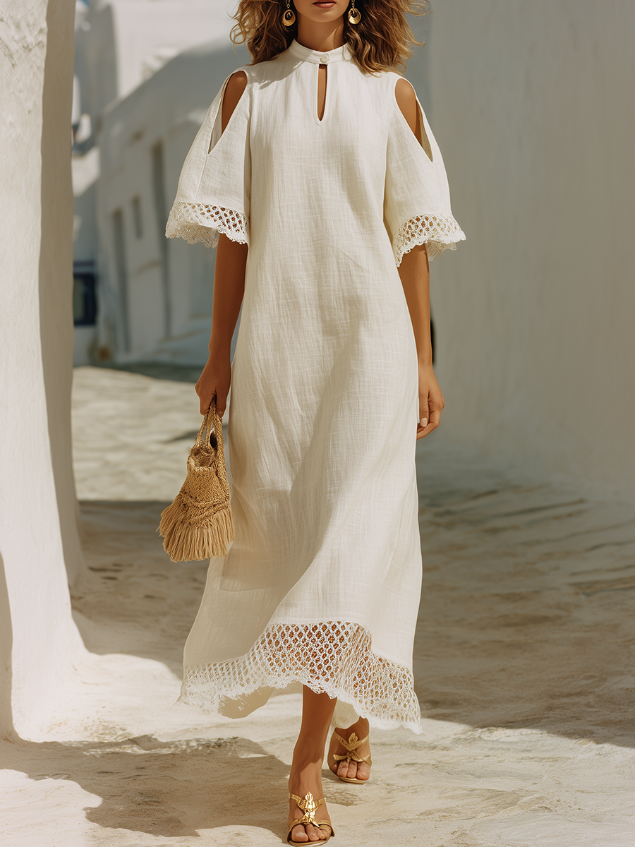 Vacation-style Cotton And Linen Patchwork Short-sleeved Maxi Dress