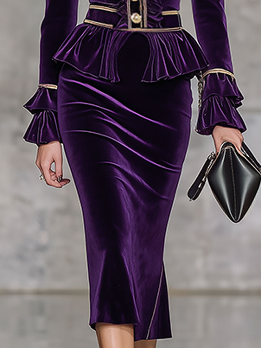 High-End Retro Purple Velvet Midi Skirt Suit