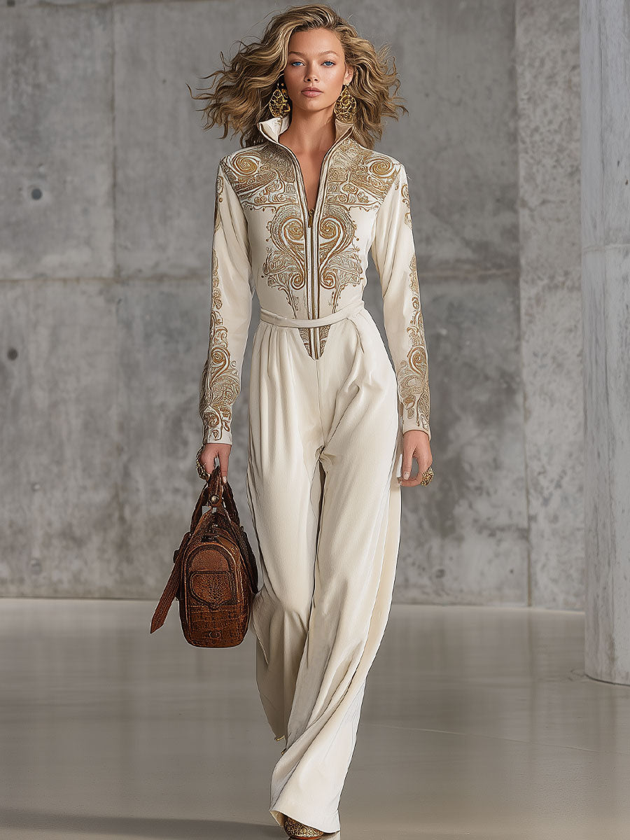 Fashionable And Casual Creamy White Faux Suede Printed Long-Sleeved Lapel Jumpsuit
