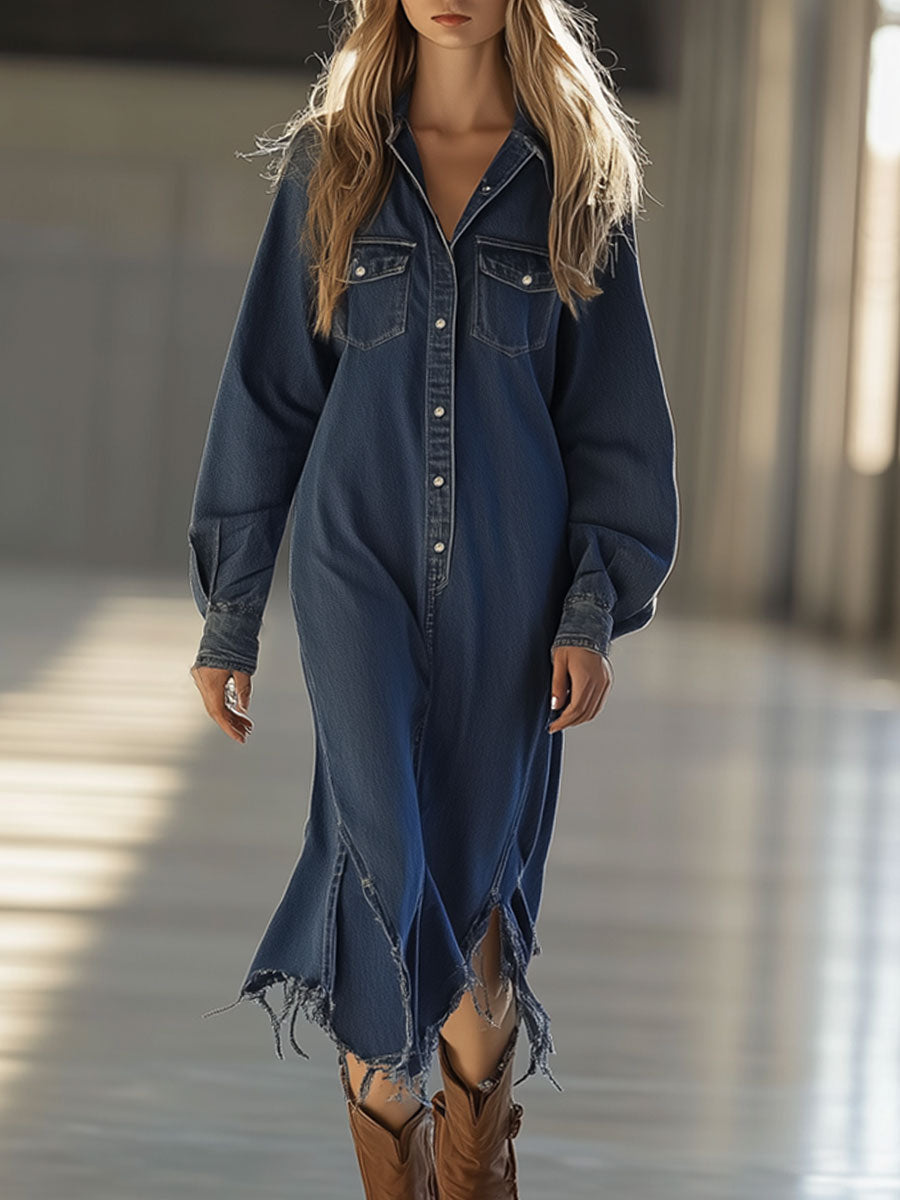 Retro Casual Loose Dark Blue Denim Irregular Raw Edge Midi Dress