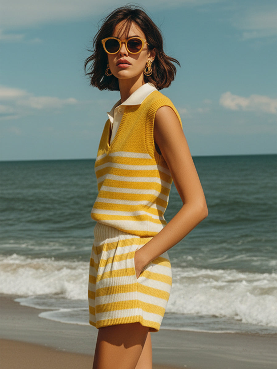 Summer Beach Yellow And White Striped Knit Sleeveless Top And Shorts Set
