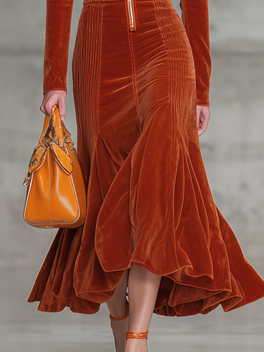 Fashionable And Casual Reddish Brown Velvet Long-Sleeved Hooded Open-Waisted Midi Dress