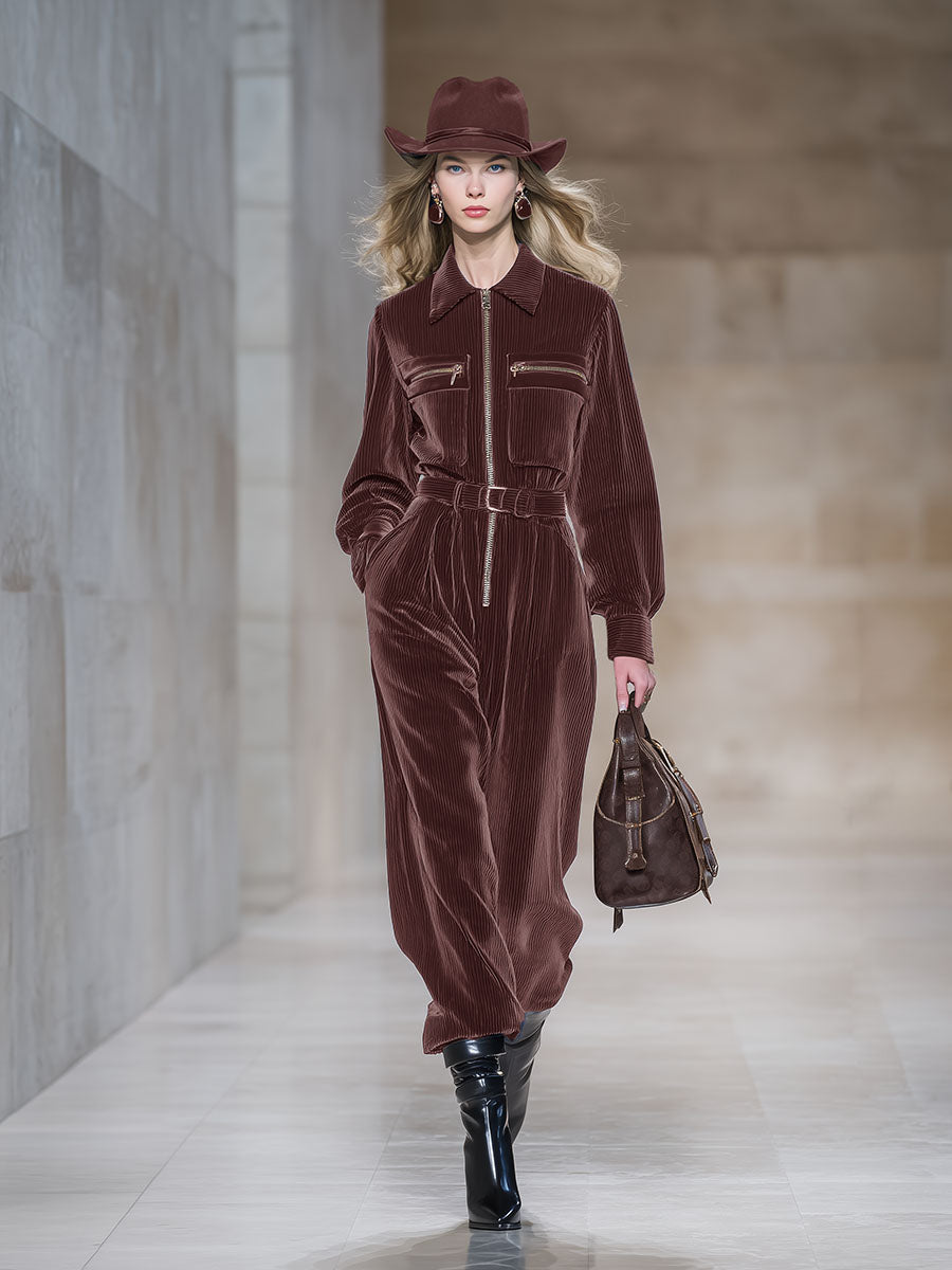 Retro And Fashionable Lapel Wide-leg Corduroy Jumpsuit