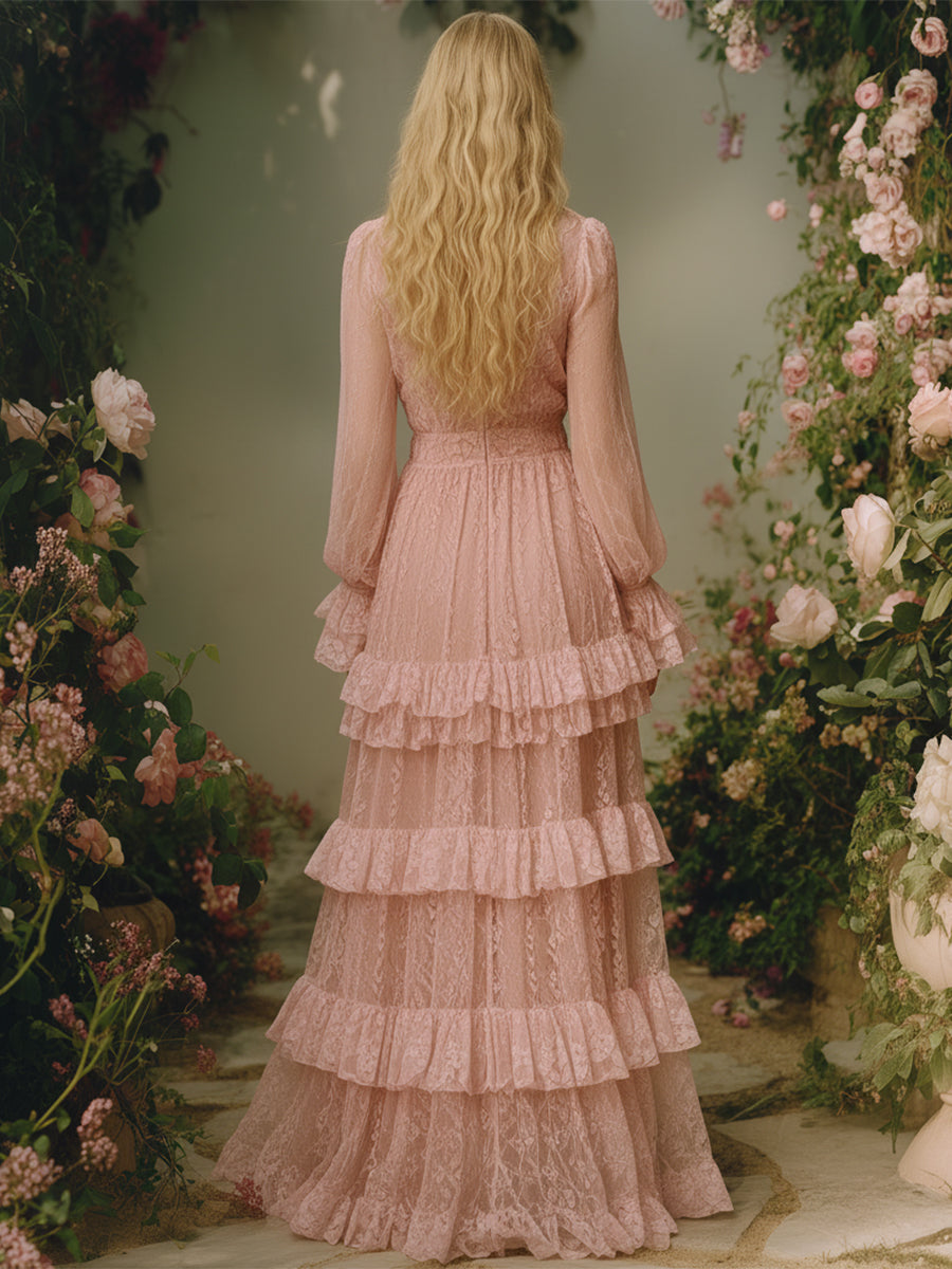 Romantic V-neck Pink Lace Multi-layered Ruffle Maxi Dress