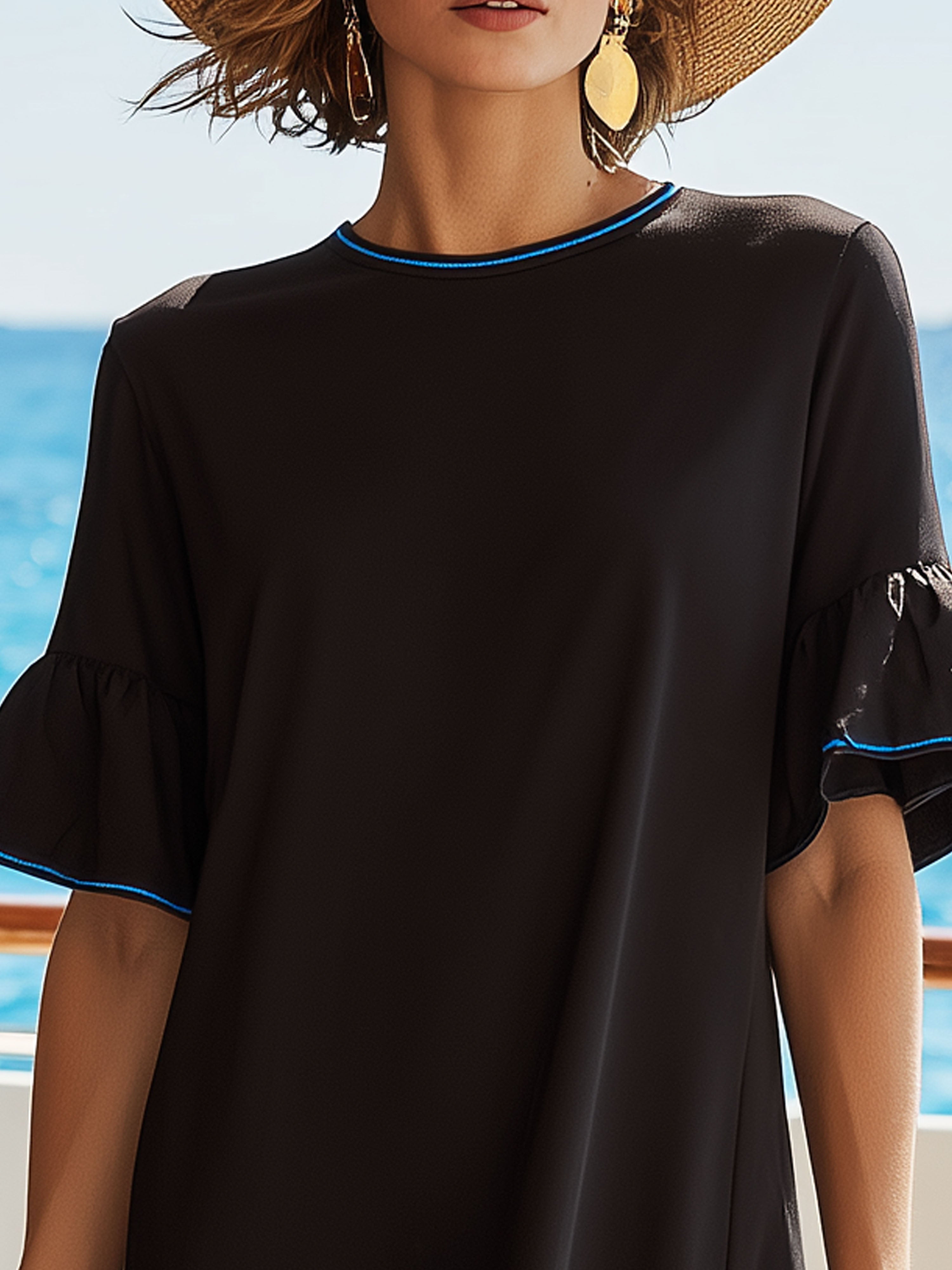 Elegant Black Ruffled Short-Sleeved With Blue Piping Mini Dress