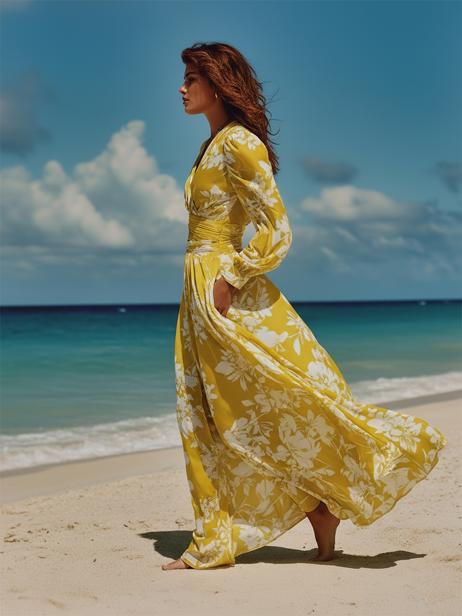 V-neck Long-sleeved Satin Printed Maxi Dress
