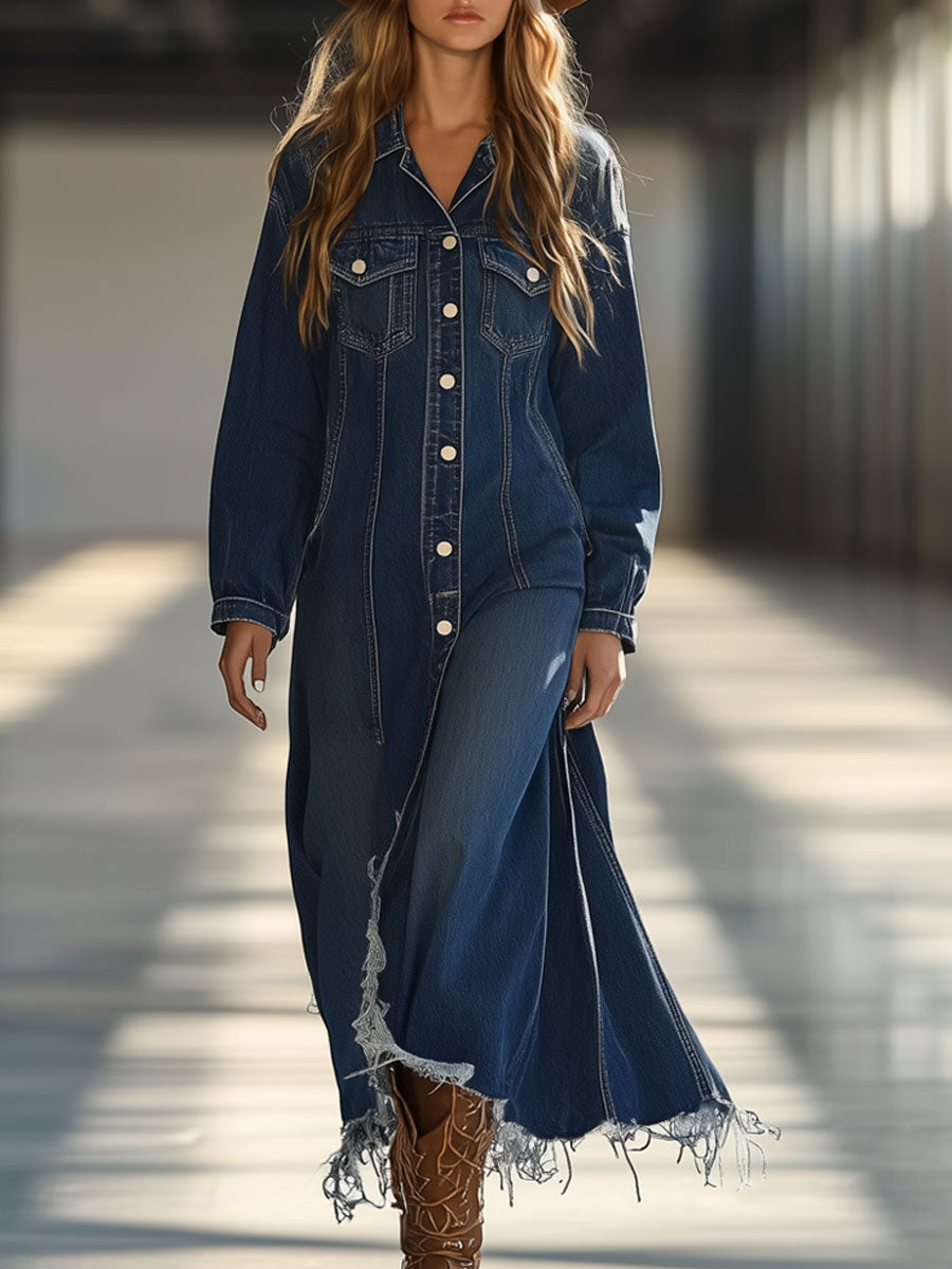 Retro Casual Loose Dark Blue Denim Long Sleeve Raw Edge Midi Dress