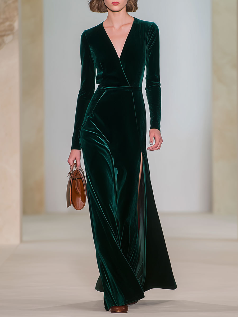 High-End Fashion Dark Green V-Neck Side Slit Velvet Long Skirt
