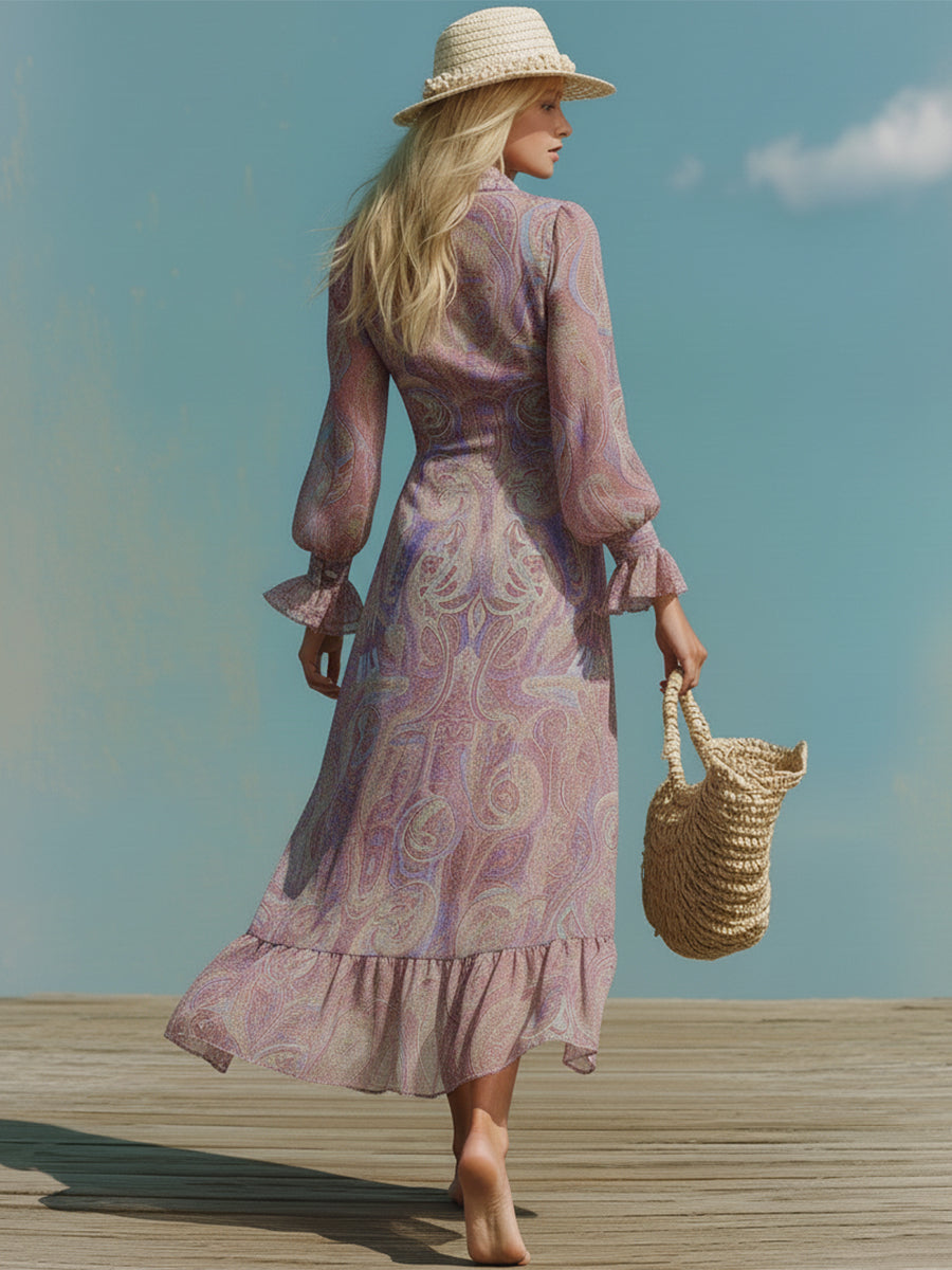 Romantic Retro Pinkish-purple Paisley Print Chiffon Maxi Dress