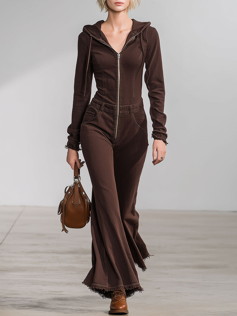 Western Retro Hooded Cocoa Brown Denim Flared Raw-Edge Long-Sleeved Jumpsuit