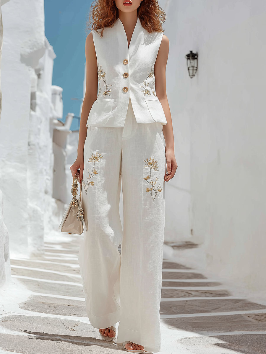 Vacation-style White Embroidered Sleeveless Top And Trousers Set