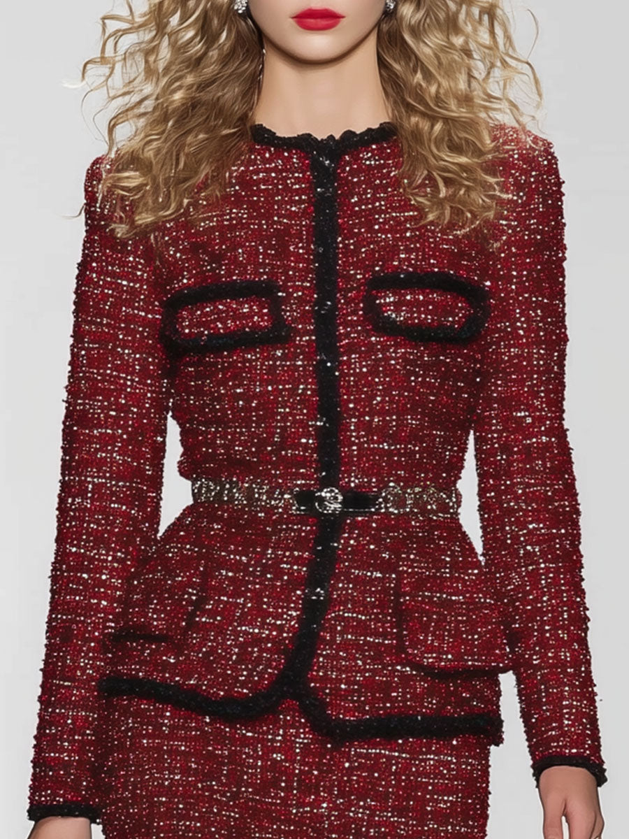 Fashion Retro Black Trim Burgundy Tweed Jacket And Skirt Suit