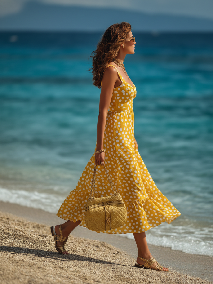Yellow Vacation-style Chiffon Polka Dot Maxi Dress