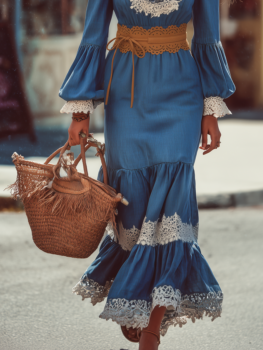 Romantic Bohemian White Lace Patchwork And Blue Tencel Maxi Dress