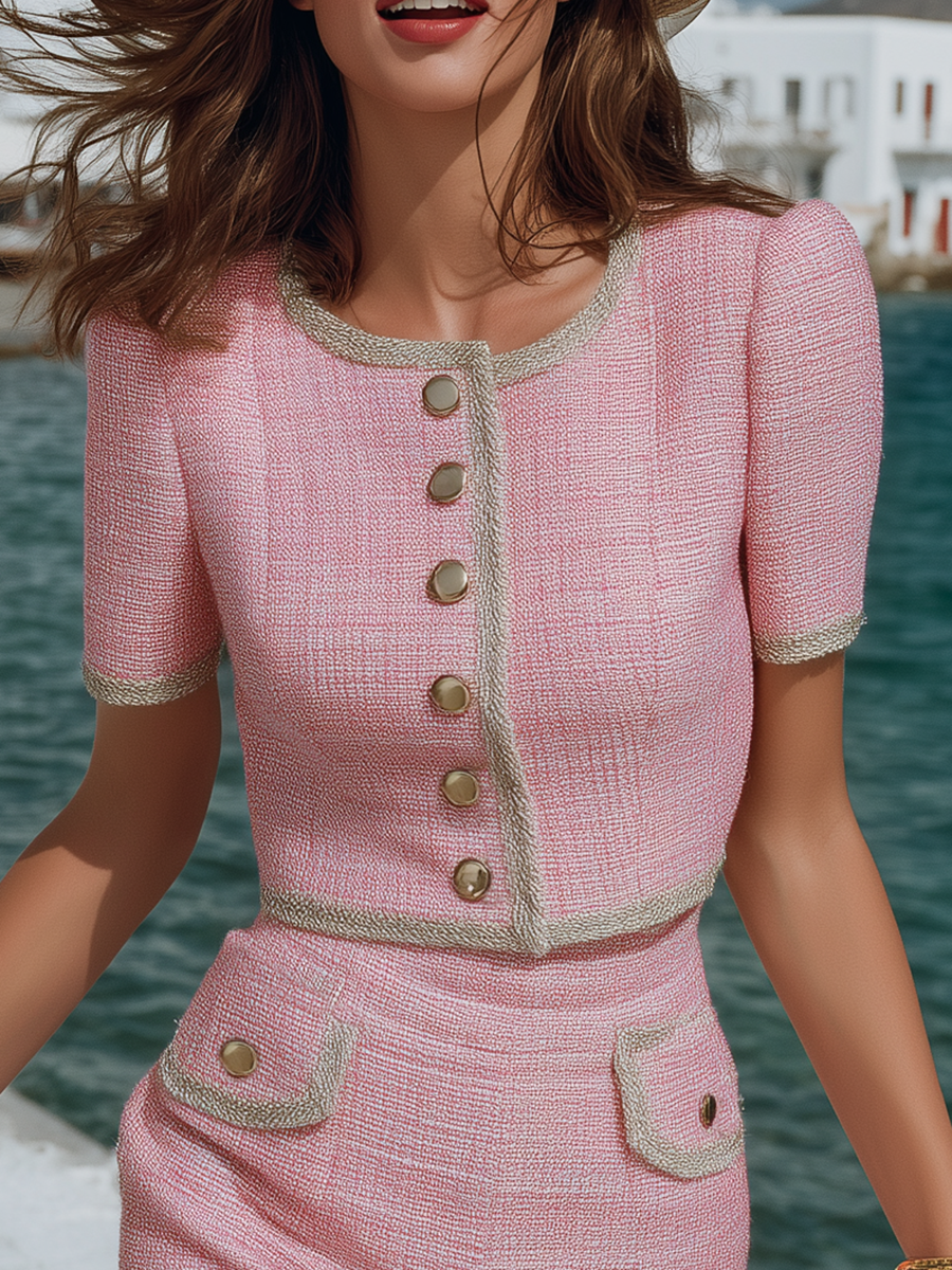 Stylish Vacation Silver Trim Pink Tweed Short-sleeved Top And Skirt Set