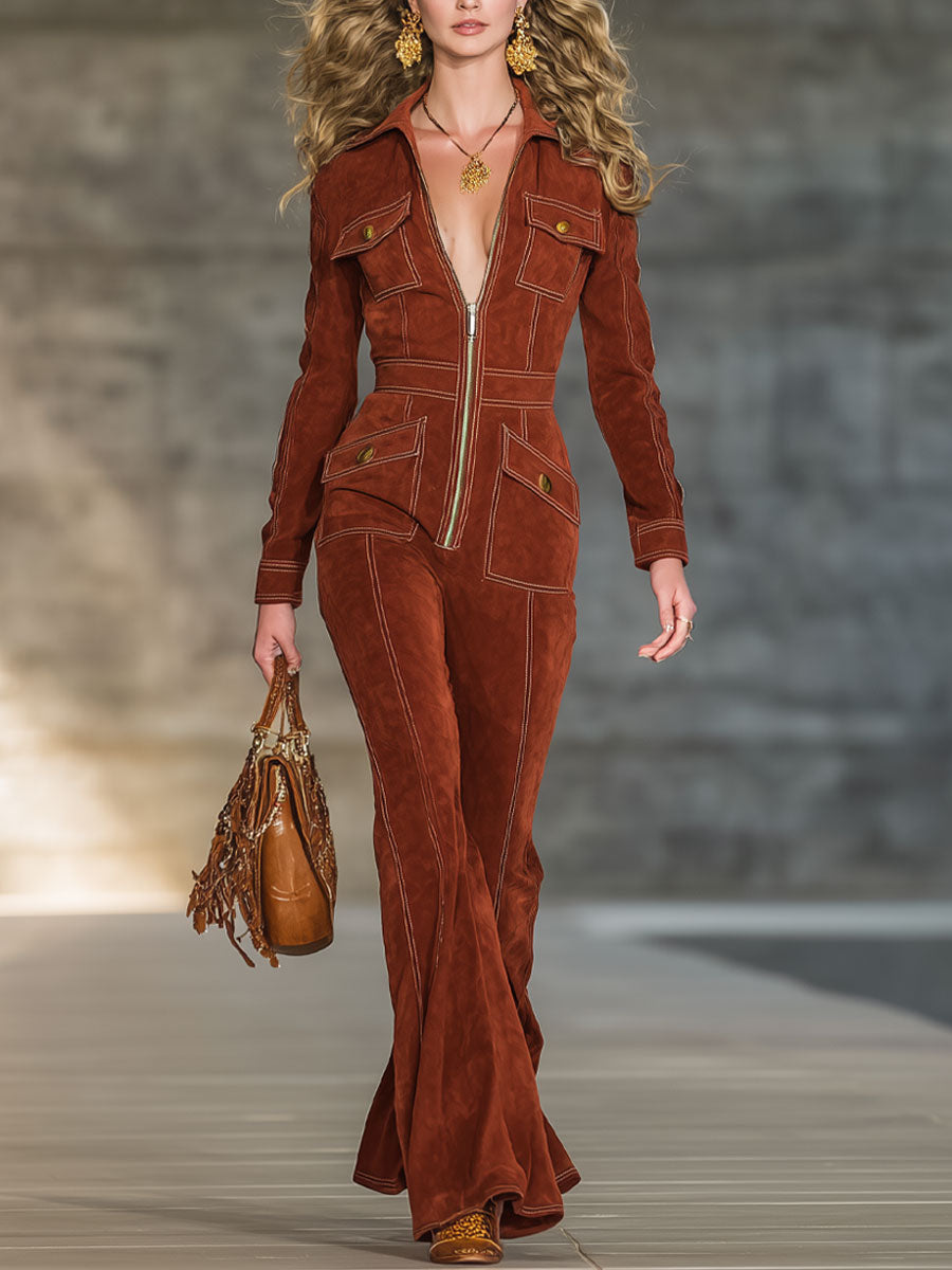 Fashionable And Casual Reddish-Brown Eco-Friendly Suede Lapel Long-Sleeved Jumpsuit