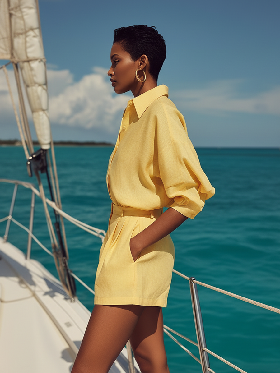 Casual Resort-style Yellow Cotton Shirt And Shorts Set