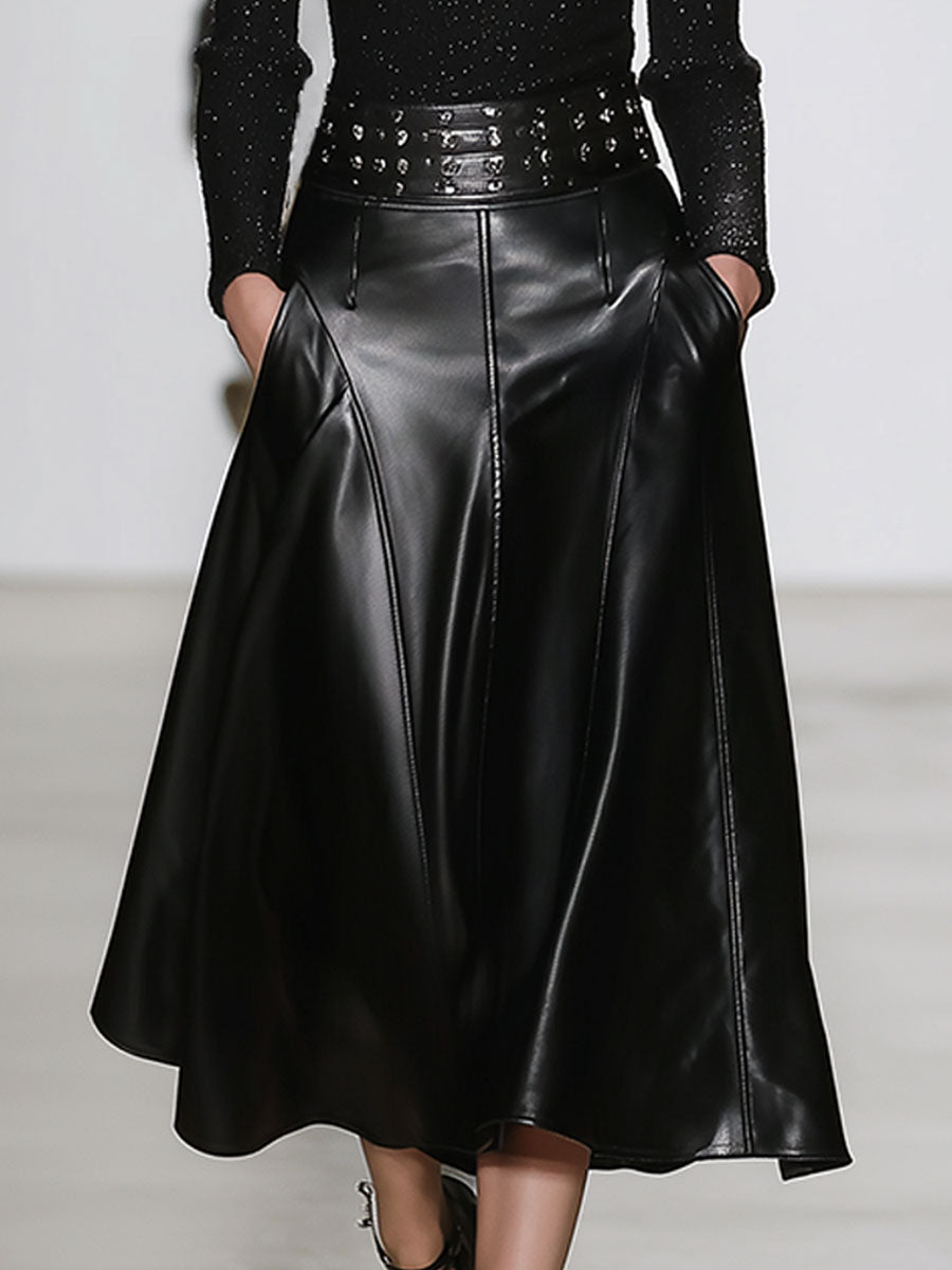 Fashion Retro Black High Waist Faux Leather Skirt