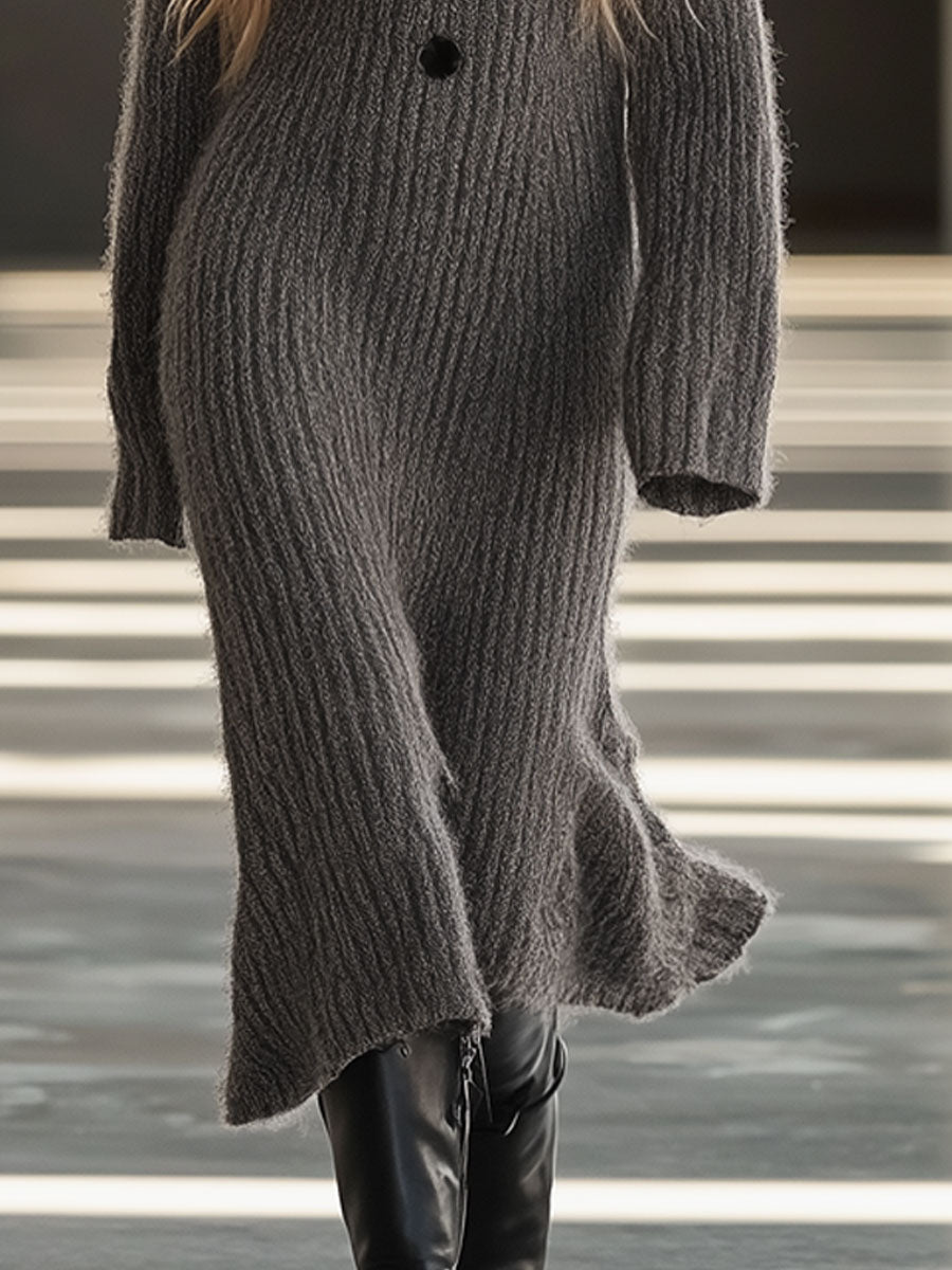 Retro Casual Loose Gray Knitted V-Neck Slit Midi Dress