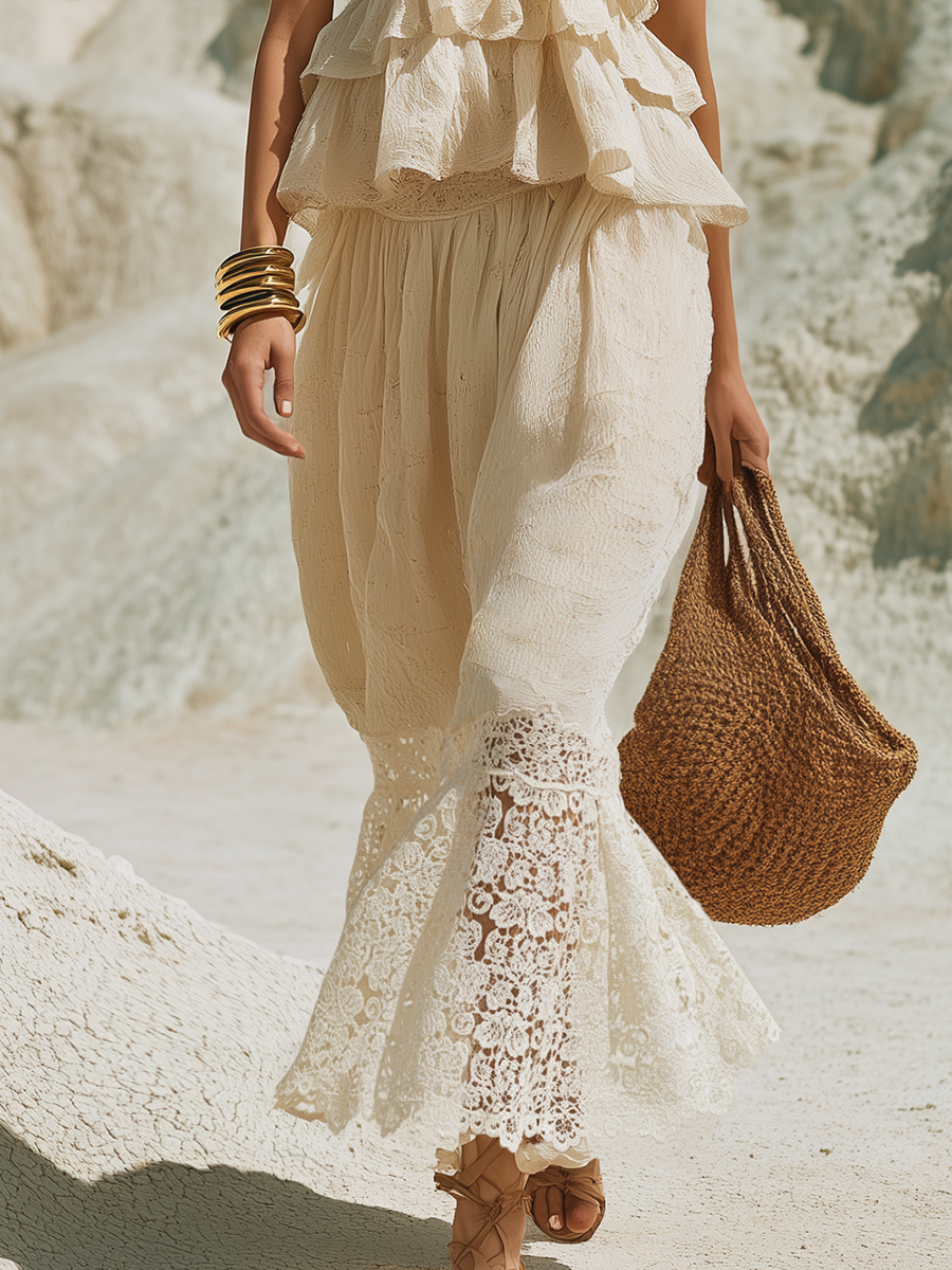 Romantic Bohemian Style Beige Ruffled Top And Lace-paneled Culottes Set