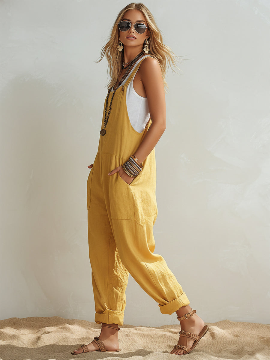 Bohemian Coast Mustard Yellow Cotton Linen Wide-Strap Loose Overalls