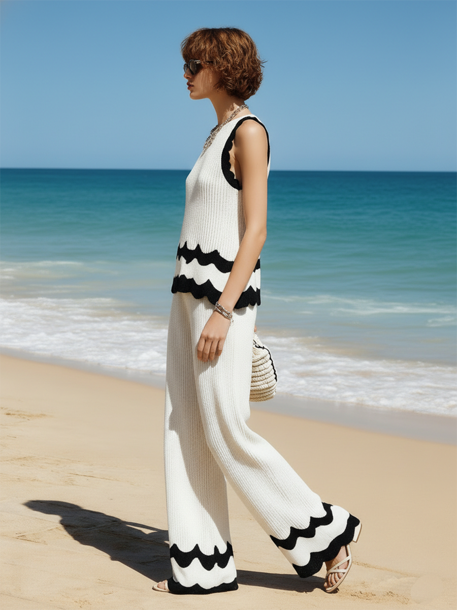 Vacation-style White Knitted Round-neck Sleeveless Top And Trousers Set