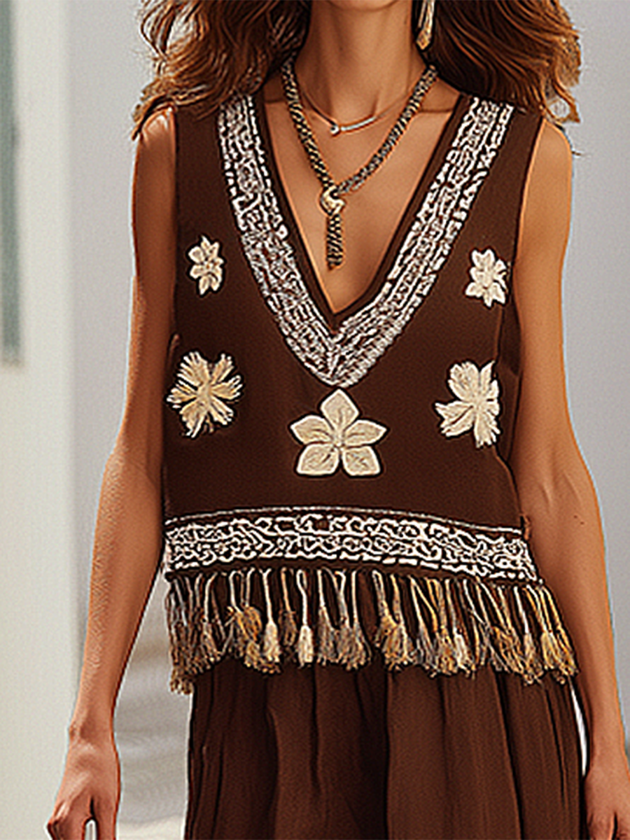 Bohemian Style Embroidered Sleeveless Top And Skirt Set