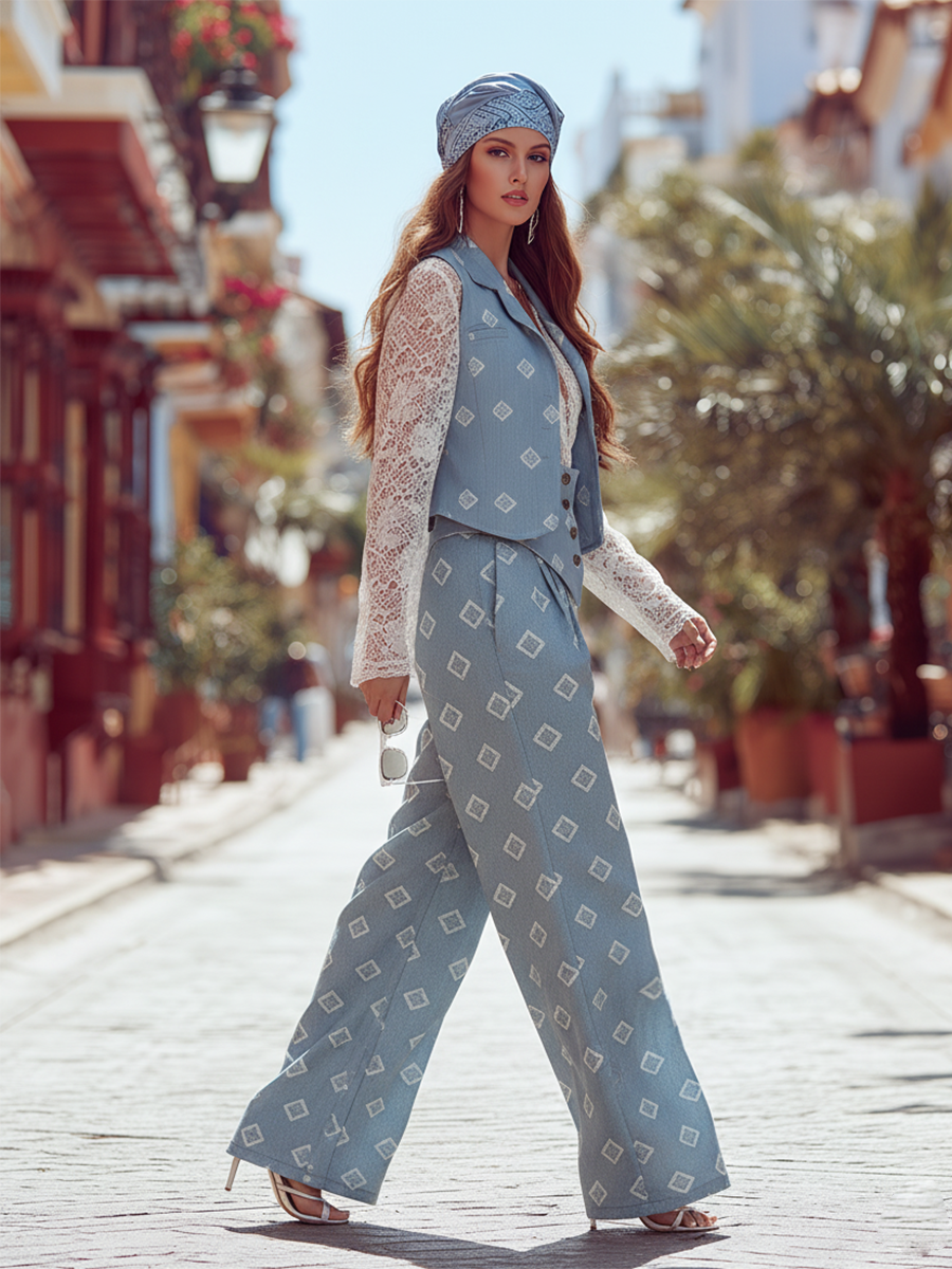 Retro Bohemian Diamond Pattern Denim Vest And Wide-Leg Pants Set