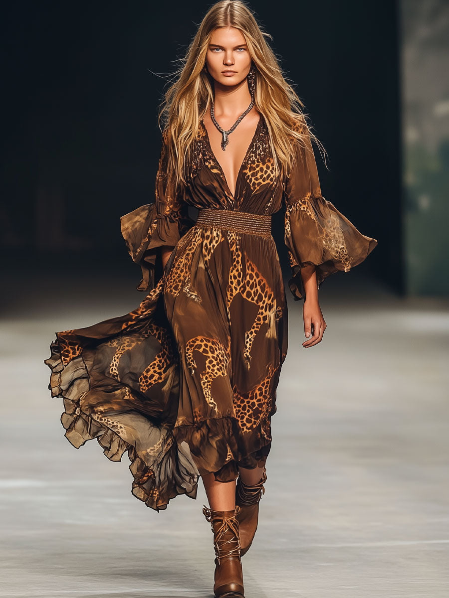 Elegant Casual Retro Dark Brown Giraffe Print Chiffon Long Sleeve Midi Dress