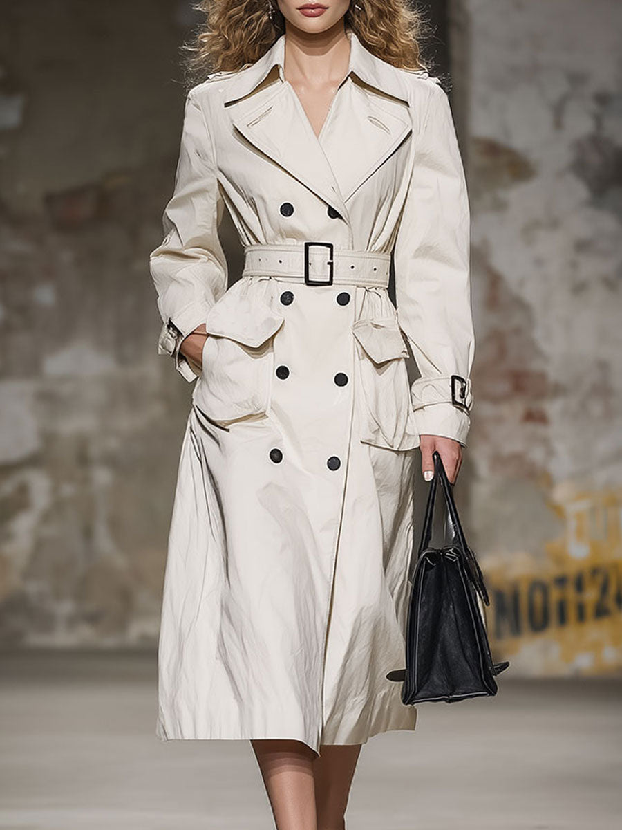 Classic And Fashionable Off-White Double-Breasted Trench Coat