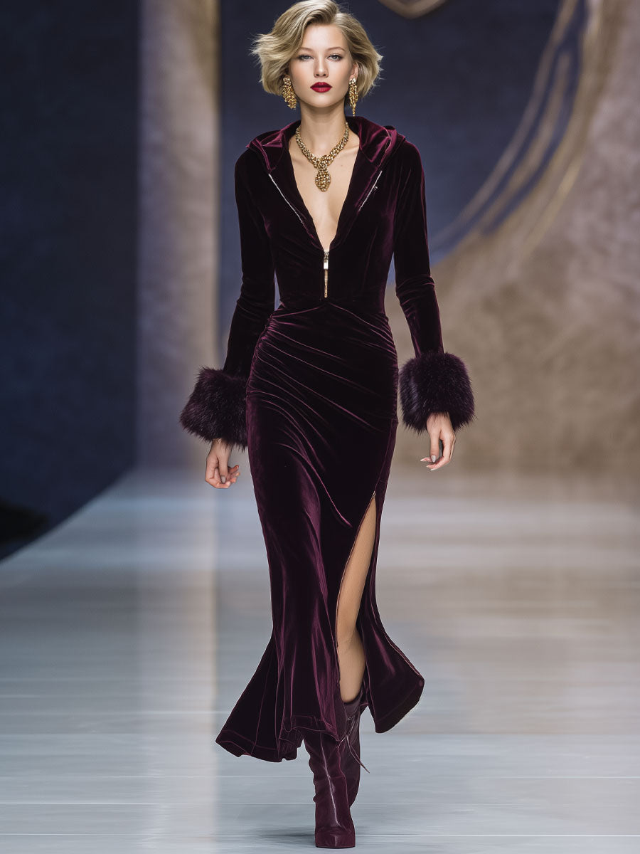 Fashionable And Elegant Burgundy Velvet Stitching Eco-Friendly Fur Cuffs Hooded Slit Midi Dress