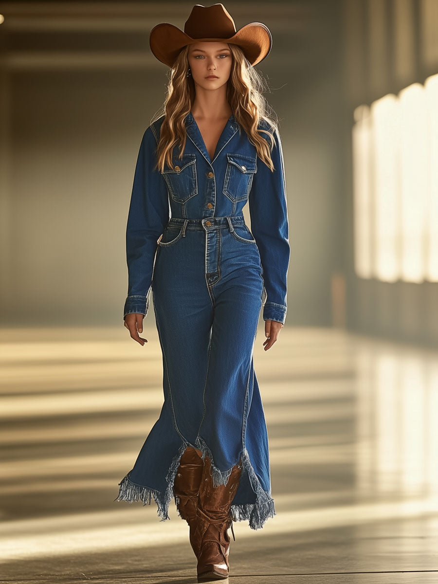 Vintage Blue Denim Long Sleeve Flared Slit Raw Edge Jumpsuit