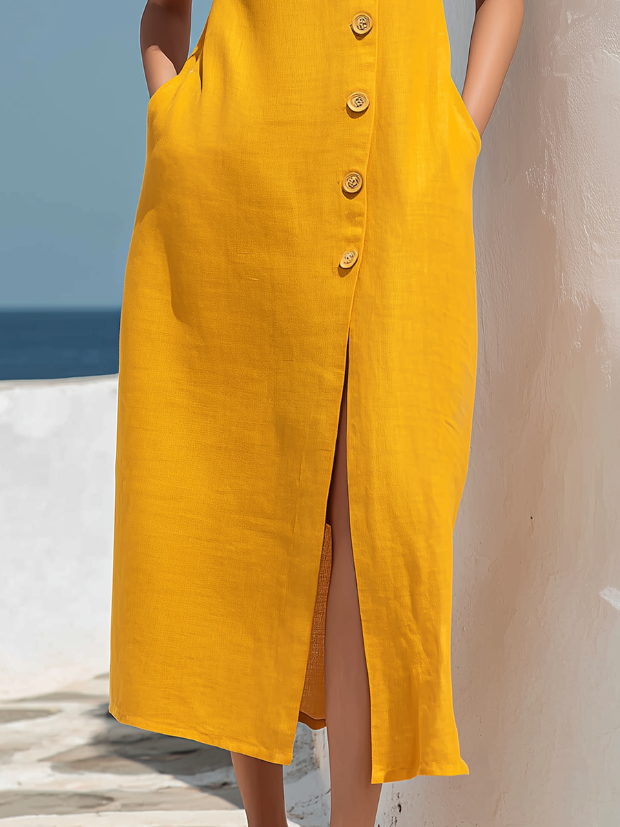 Yellow Button-down Turtleneck Sleeveless Maxi Dress