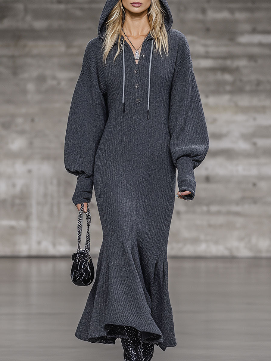 Fashion Loose Gray Pin Hooded Button Midi Dress