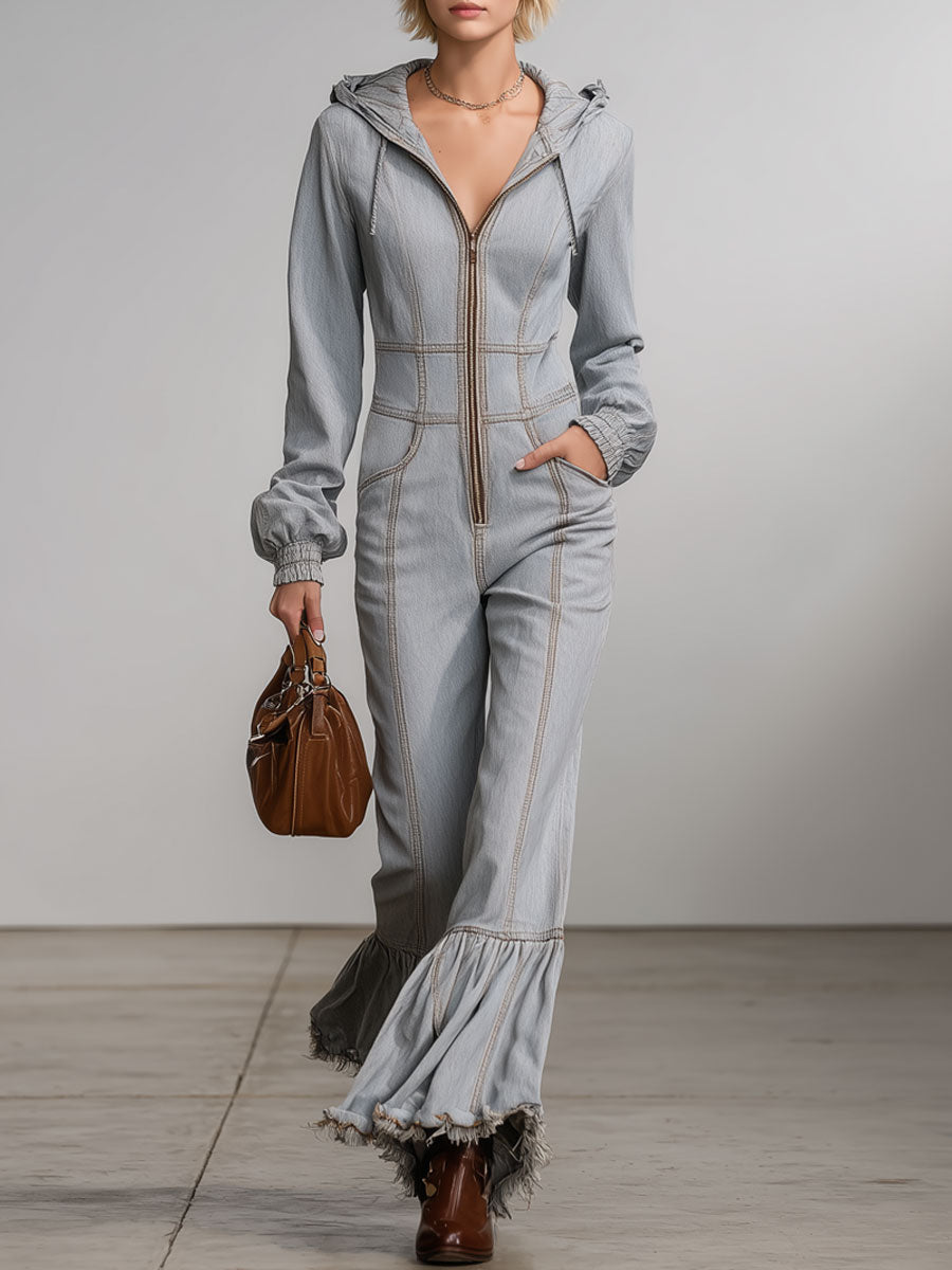 Western Retro Hooded Gray Denim Flared Raw-Edge Long-Sleeved Jumpsuit
