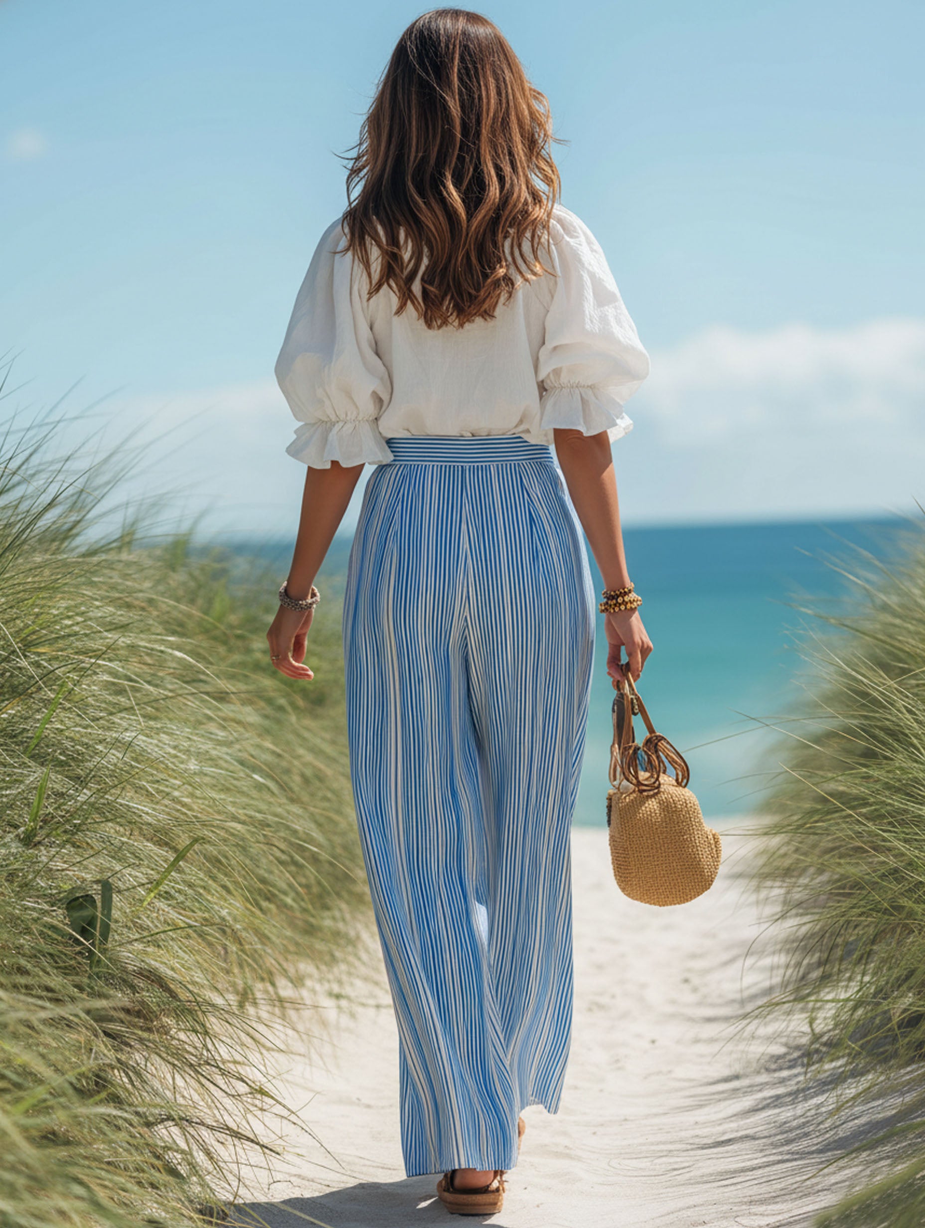 Resort-Style Blue And White Striped Chiffon Trousers And Cotton Linen Short-Sleeved Set