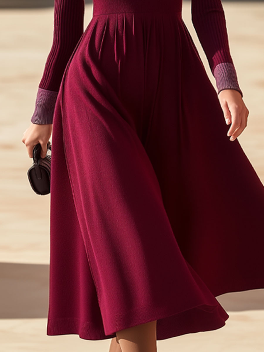 Elegant And Comfortable Cherry Red Knitted Long-Sleeved Maxi Dress