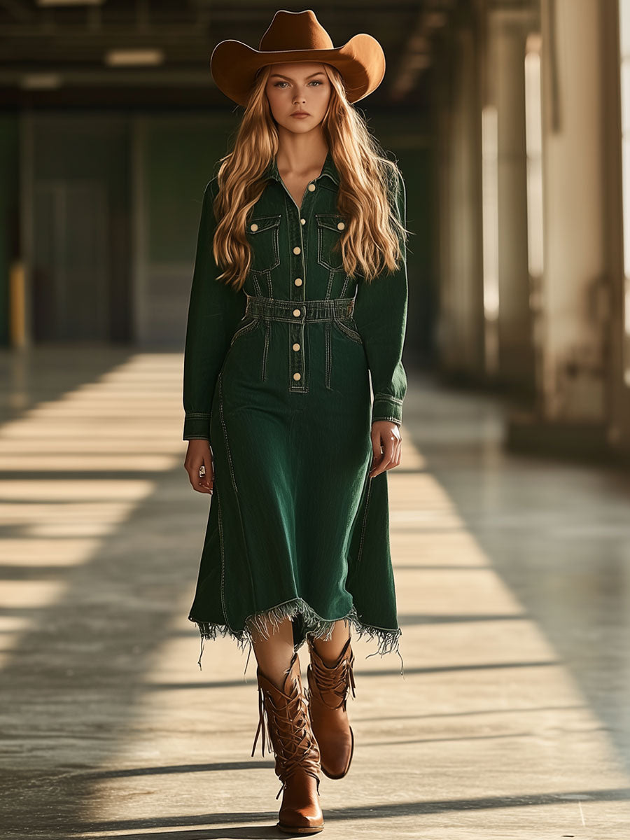Vintage Green Denim Long Sleeve Raw Edge Elastic Waist Midi Dress