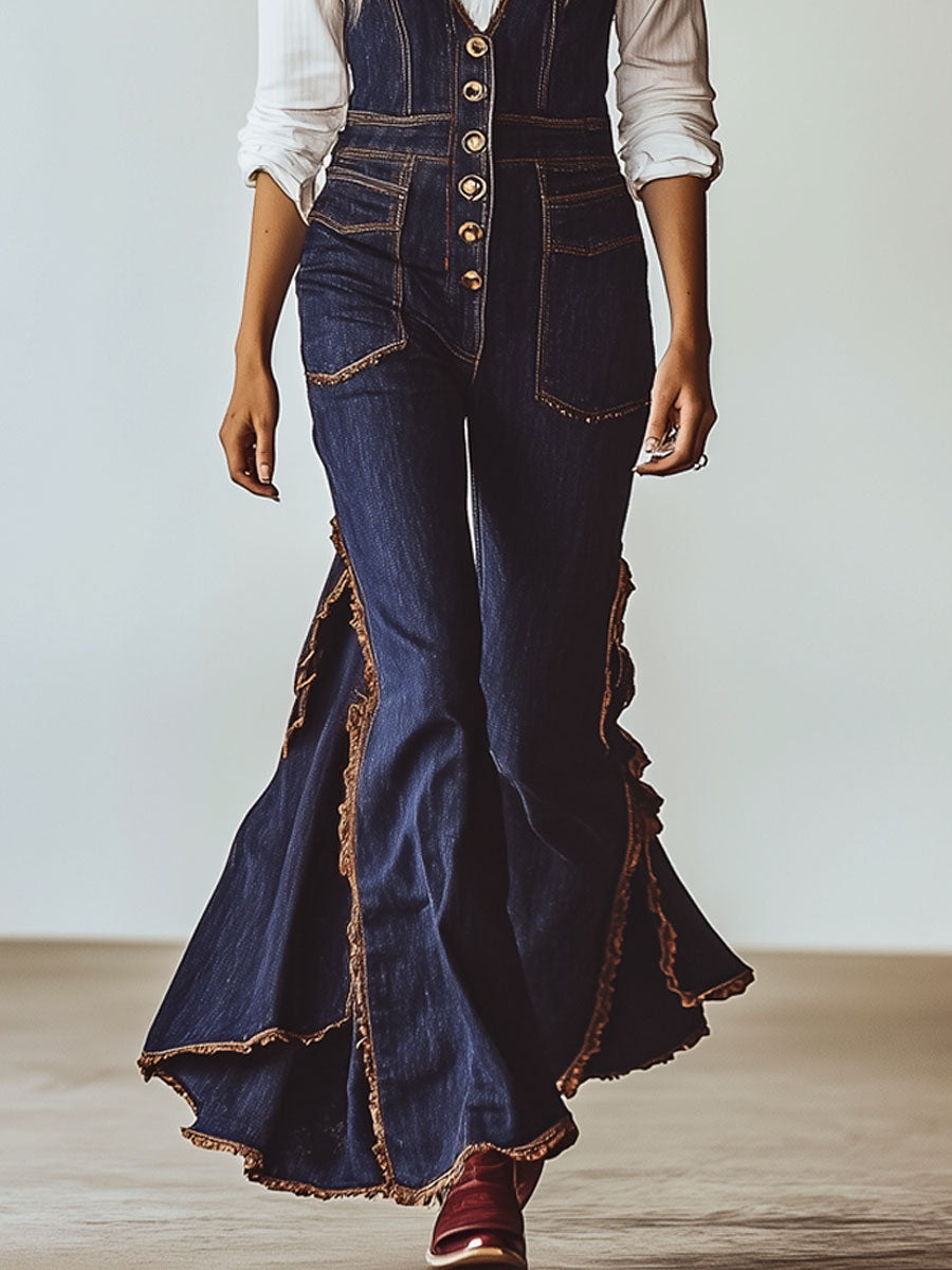 Retro Casual Lace Ruffle Dark Blue Denim Sleeveless Jumpsuit