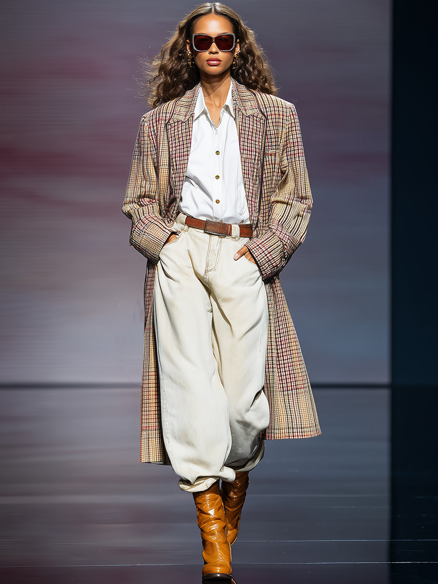 Retro Elegant Motley Plaid Long Trench Coat
