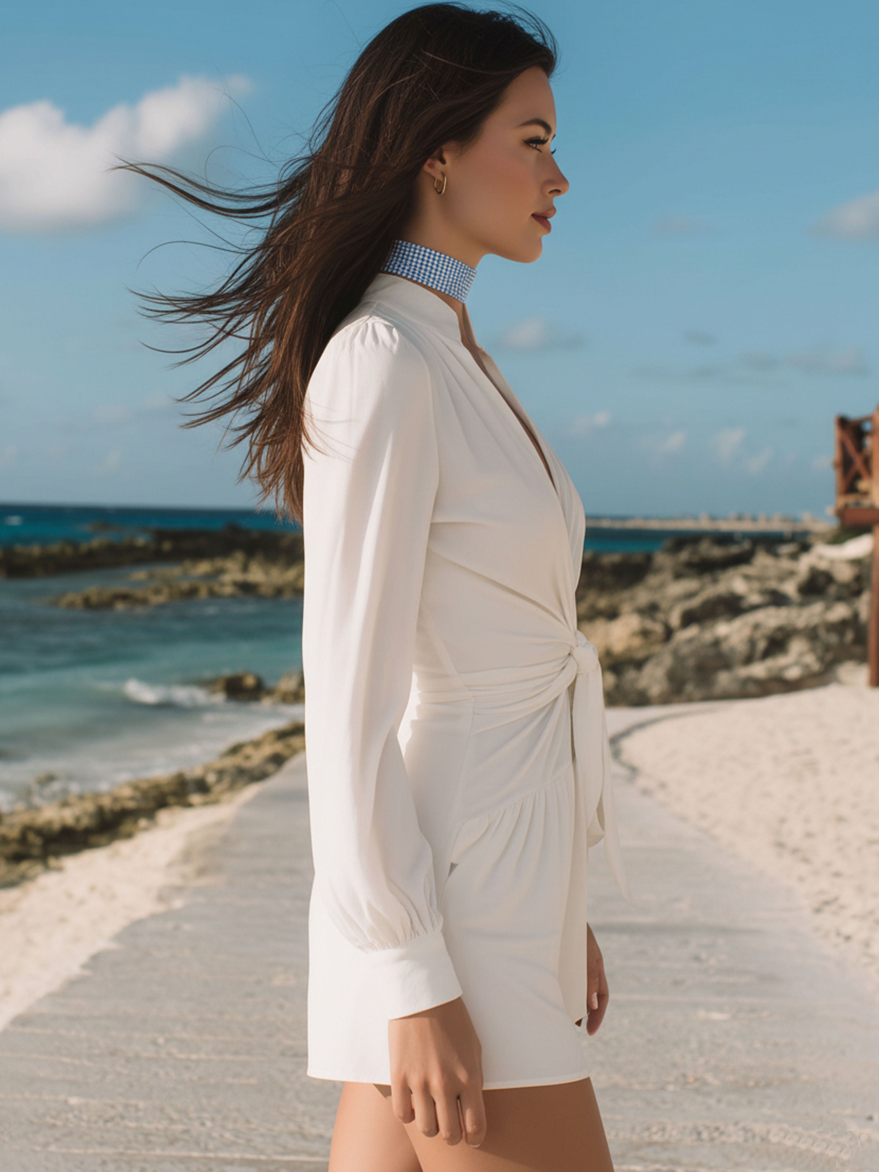 Vacation Long-Sleeved Shirt V-Neck Belted Jumpsuit